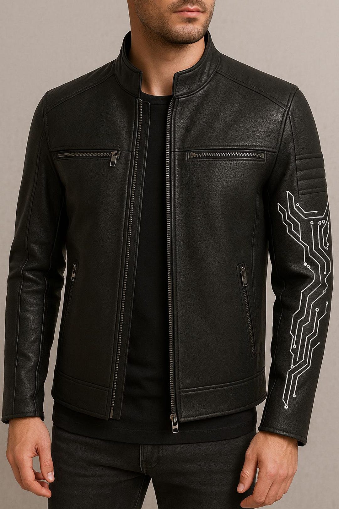 Cyberpunk Leather Jacket: Futuristic Circuit Embroidery