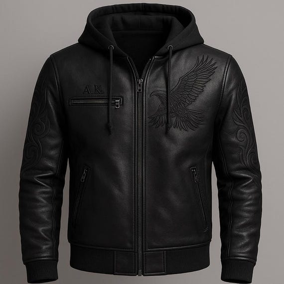 Embroidered Eagle Faux Leather Hoodie: Gothic Biker Jacket, Custom - Main Image