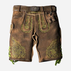 Brown Leather Bavarian Lederhosen Shorts for Men | Oktoberfest Costume with Green Embroidery & Belt
