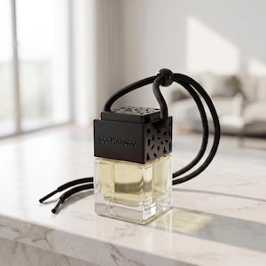 May include: A square glass perfume bottle containing a pale yellow liquid, topped with a black cap featuring a laser-cut pattern and the text Cor Perfume. A black cord with a sliding bead is attached to the top for hanging the fragrance diffuser.