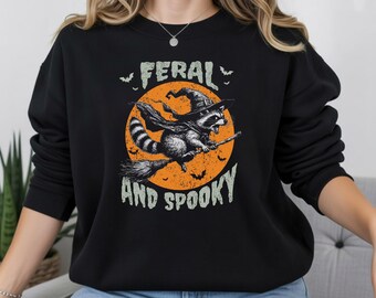 FERAL AND SPOOKY Sweatshirt, Vintage Raccoon Witch Crewneck, Spooky Raccoon Halloween Pullover, Spooky Season, Feral Raccoon Lover Gift