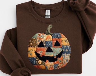 Retro Patchwork Halloween Pumpkin Sweatshirt, Halloween Pumpkin Shirt, Spooky Season Sweater, Halloween Cute Women Outfit, Halloween Gift
