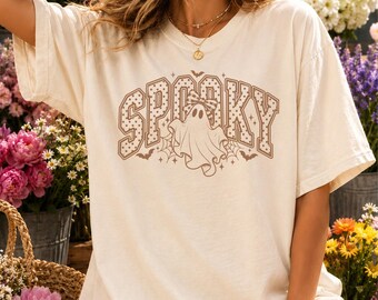 SPOOKY Halloween Shirt, Retro Ghost Halloween Tee, Comfort Colors Spooky Top, Spider Web Bat Shirt, Spooky Season, Cute Ghost Shirt
