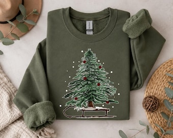 Vintage Christmas Tree Sled Sweatshirt, Snowy Pine Xmas Hoodie, Rustic Farmhouse Crewneck, Cozy Winter Pullover, Gift for Grandma Her