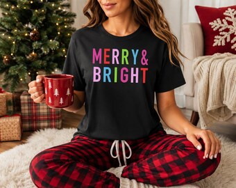 Colorful Christmas Tshirt, Bright Rainbow Holiday Tee, Modern Bold Text Xmas Shirt, Fun Party Shirt, Unisex Festive Gift Womens Top