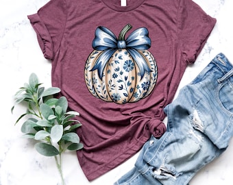Pumpkin With Bow Tee, Fall Pumpkin Shirt, Blue Bow Shirt, Coquette Bow Shirt, Cute Fall Shirt, Fall Season Shirt, Cute Autumn Shirt