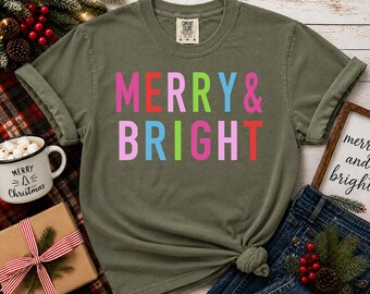 Merry And Bright Shirt, Colorful Block Letter Christmas Tshirt, Bold Rainbow Holiday Tee, Modern Xmas Typography Shirt Womens