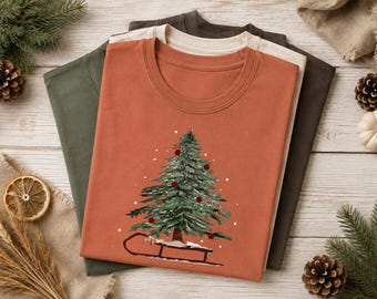 Vintage Christmas Tree Sled Shirt, Comfort Colors Watercolor Xmas Tee, Rustic Holiday Shirt Women, Farmhouse Christmas Gift for Her