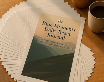 May include: A stack of white paper sheets with a journal titled "The Blue Moments Daily Reset Journal" on top. The journal has a landscape image and text: "30 DAYS of GROUNDING, REFLECTION & EMOTIONAL CLARITY." A small potted plant and a mug of coffee are also on the wooden surface.