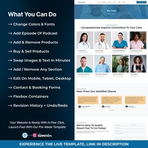 Puede incluir: Una plantilla de sitio web con tem&aacute;tica de atenci&oacute;n m&eacute;dica. El dise&ntilde;o incluye secciones para miembros del equipo, testimonios de clientes y un llamado a la acci&oacute;n. El texto destaca funciones como cambios de color, integraci&oacute;n de podcasts y edici&oacute;n m&oacute;vil. El logotipo de Elementor es visible.