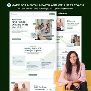 Puede incluir: Diseño web para un coach de salud mental y bienestar, con una interfaz de usuario moderna. El diseño incluye el texto "Find Peace Of Mind With Mentivia" y "Healing Starts With The Right Support". Una mujer está sentada en un sofá amarillo.