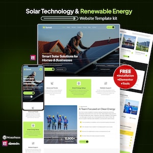May include: A website template kit for solar technology and renewable energy. The design includes a smartphone, website pages, and the text "Smart Solar Solutions for Homes & Businesses". The design also includes the text "FREE Installation Elementor Tools".