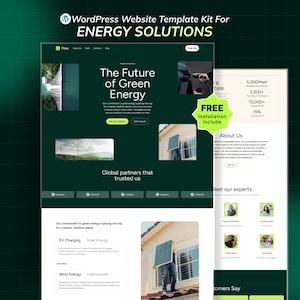 May include: A website template kit for energy solutions. The design features a dark green color scheme with the text "The Future of Green Energy." The image includes a person installing a solar panel and the words "FREE Installation Include."
