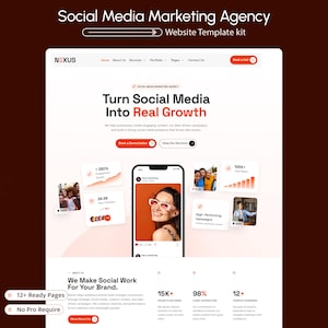 May include: A website template kit for a social media marketing agency titled Nexus. The layout features a hero section with the text Turn Social Media Into Real Growth, a smartphone mockup displaying a person, and various data analytics cards.