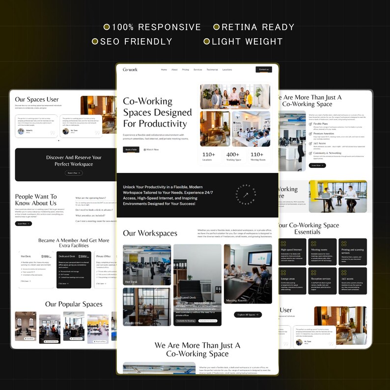 Op de afbeelding: Een website-ontwerpmodel voor een co-working space. Het ontwerp toont meerdere pagina's met tekst en afbeeldingen, waaronder "Co-Working Spaces Designed For Productivity" en "Our Workspaces". Het ontwerp benadrukt ook functies zoals "100% Responsive".