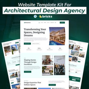 May include: A website template kit for an architectural design agency. The design features a clean, modern layout with a focus on showcasing architectural projects. The website includes sections for services, testimonials, and a blog. The text includes "Transforming Your Spaces, Designing Dreams."