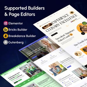 May include: Image showcasing website designs with the text "Supported Builders & Page Editors" and logos for Elementor, Bricks Builder, Breakdance Builder, and Gutenberg. Website examples include culinary, personal growth, and cleaning services.
