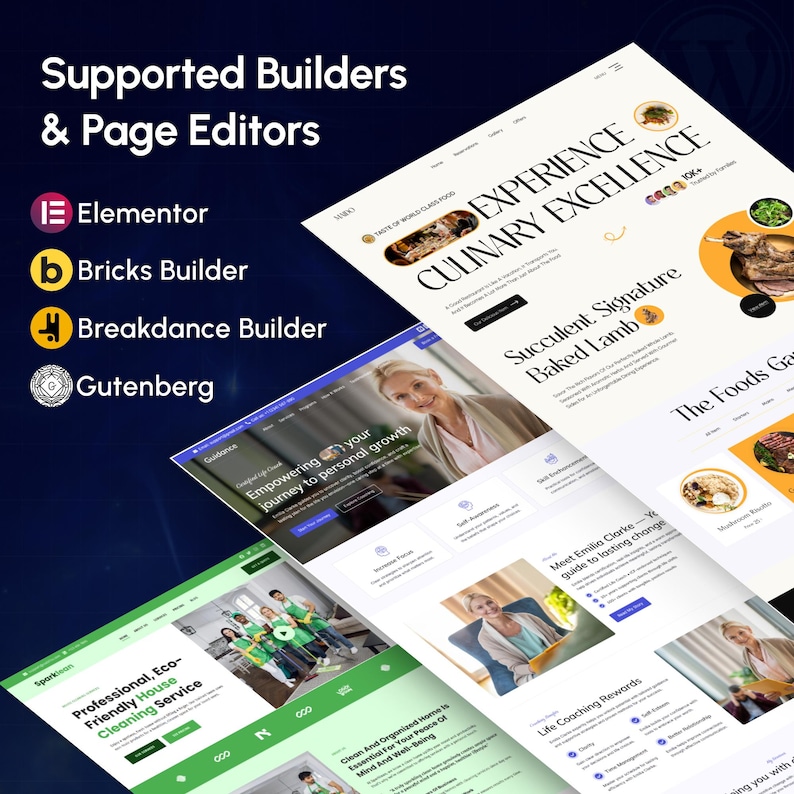 May include: Image showcasing website designs with the text "Supported Builders & Page Editors" and logos for Elementor, Bricks Builder, Breakdance Builder, and Gutenberg. Website examples include culinary, personal growth, and cleaning services.