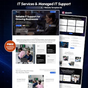 May include: A website template kit for IT Services & Managed IT Support featuring a dark blue and white colour scheme. The layout includes sections for business technology solutions, system monitoring, uptime focus, and priority response times.