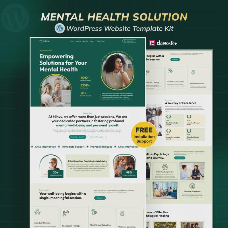 May include: A website template kit for mental health solutions. The design features a green and white color scheme with the text "Mental Health Solution" and "Empowering Solutions for Your Mental Health". The template includes sections for crisis intervention and psychological well-being.