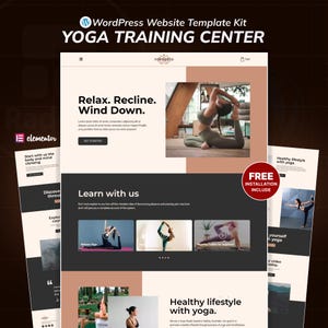 Puede incluir: Un kit de plantilla de sitio web para un centro de entrenamiento de yoga. El diseño presenta un diseño limpio con secciones para la relajación, el aprendizaje y un estilo de vida saludable. La plantilla incluye el texto "Relax. Recline. Wind Down." y "Learn with us."