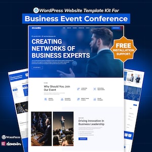 Peut inclure: Kit de modèle de site Web WordPress pour une conférence d'affaires. Le design présente un schéma de couleurs bleu et blanc avec le texte "CREATING NETWORKS OF BUSINESS EXPERTS". Comprend un badge "FREE INSTALLATION SUPPORT".