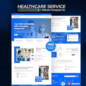 Może przedstawiać: Zestaw szablonów stron internetowych dla usług opieki zdrowotnej. Projekt charakteryzuje się niebiesko-białą kolorystyką ze zdjęciami pracowników służby zdrowia i pacjentów. Tekst zawiera "Healthcare Service" i "Vitalcare".