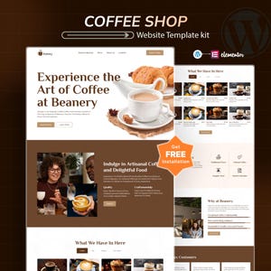 Puede incluir: Un kit de plantilla de sitio web para una cafetería, con un diseño marrón y blanco. El diseño incluye el texto "COFFEE SHOP" y "Website Template kit". La plantilla muestra bebidas de café, comida y el texto "Experience the Art of Coffee at Beanery".