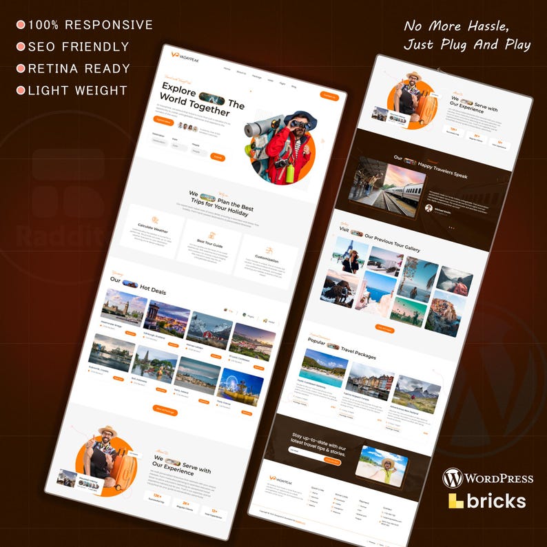 May include: Two website mockups with travel-themed content. The first mockup features the text "Explore the World Together" and "Plan the Best Trips for Your Holiday." The second mockup includes the text "No More Hassle, Just Plug and Play."