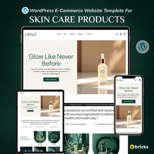 May include: A digital mockup showcasing a WordPress e-commerce website template for skin care products. The design features a serum bottle, website layout on a tablet, and a smartphone. Text includes "Glow Like Never Before" and "View Collection."
