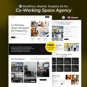 Könnte beinhalten: Ein Website-Template-Kit für eine Co-Working-Space-Agentur. Das Design zeichnet sich durch ein übersichtliches Layout mit Abschnitten für Arbeitsbereiche, Essentials und Benutzer-Testimonials aus. Das Template enthält den Text "Co-Working Spaces Designed For Productivity".