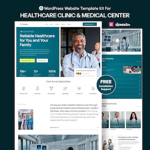 Könnte beinhalten: Website-Template-Kit für eine Gesundheitsklinik und ein medizinisches Zentrum. Das Design umfasst einen lächelnden Arzt, Website-Mockups und Symbole, die medizinische Fachgebiete darstellen. Der Text enthält "Zuverlässige Gesundheitsversorgung" und "Kostenlose Installationsunterstützung."
