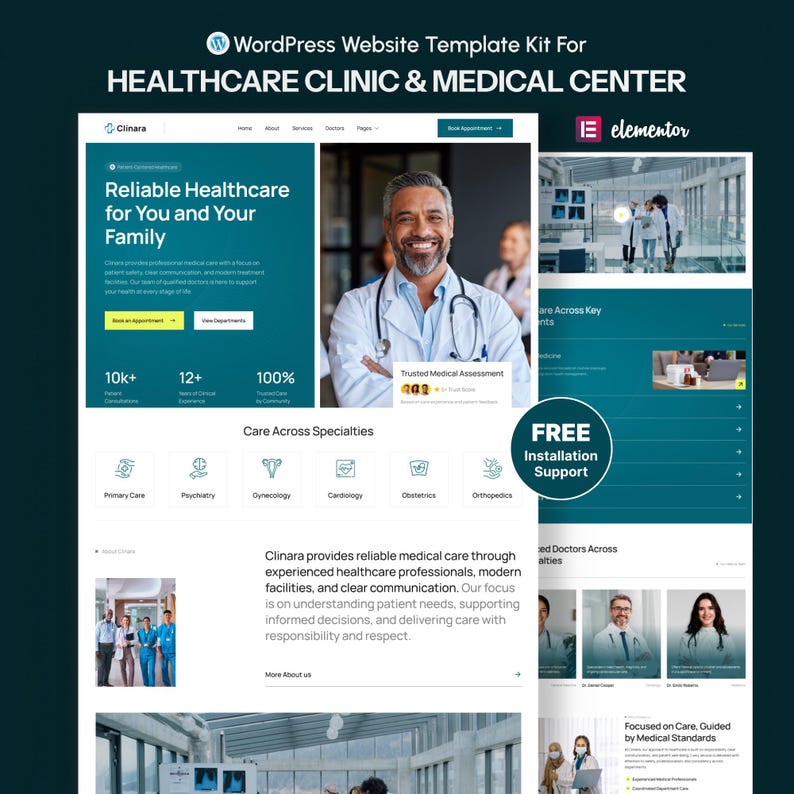 May include: A website template kit for a healthcare clinic and medical center. The design includes a smiling doctor, website mockups, and icons representing medical specialties. The text includes "Reliable Healthcare" and "Free Installation Support."