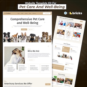Könnte beinhalten: Ein Website-Vorlagen-Kit für Tierpflege und Wohlbefinden. Das Design zeigt zwei Website-Mockups mit Text wie "Comprehensive Pet Care and Well-Being" und "Veterinary Services We Offer". Bilder verschiedener Haustiere sind ebenfalls enthalten.