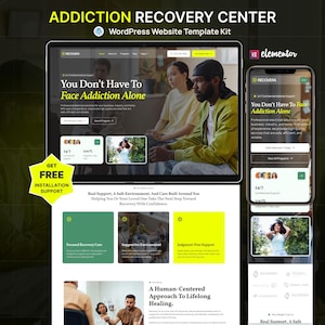 May include: A WordPress website template kit for an addiction recovery centre, displayed on a desktop monitor and a smartphone screen. The design features a yellow and dark grey colour scheme with text including You Don't Have To Face Addiction Alone.