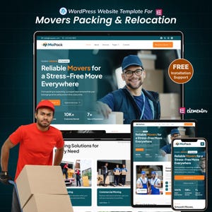 May include: A WordPress website template for movers, packing, and relocation services. The design features a person in a red shirt carrying cardboard boxes, alongside digital displays of the website on a desktop, tablet, and mobile device screen.