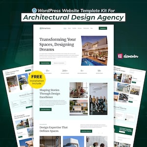 Puede incluir: Un kit de plantilla de sitio web para una agencia de diseño arquitectónico. El diseño presenta un diseño limpio con imágenes de arquitectura moderna, texto que dice "Transforming Your Spaces, Designing Dreams", y la palabra "FREE" con "Installation Include".