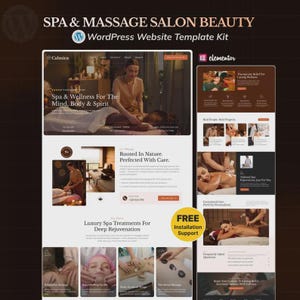 Può includere: Un kit di modelli di siti Web WordPress per un salone di spa e massaggi. Il design presenta immagini di trattamenti spa e il testo "Spa & Wellness For The Mind, Body & Spirit". Include un badge "Supporto per l'installazione GRATUITO".