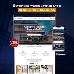 Può includere: Un kit di modelli di siti Web WordPress per aziende immobiliari. L'immagine mostra un laptop e uno smartphone che visualizzano un'interfaccia di sito Web con il testo "Making Your Real Estate Dreams A Reality". Include il testo "FREE INSTALLATION INCLUDE".