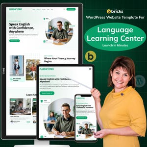 Op de afbeelding: Een digitaal display en tablet met een website-sjabloon voor het leren van talen. De website, genaamd FLUENCYPRO, promoot het leren van de Engelse taal. Een vrouw in een gele top wijst naar de tablet. De tekst "Language Learning Center" is ook aanwezig.