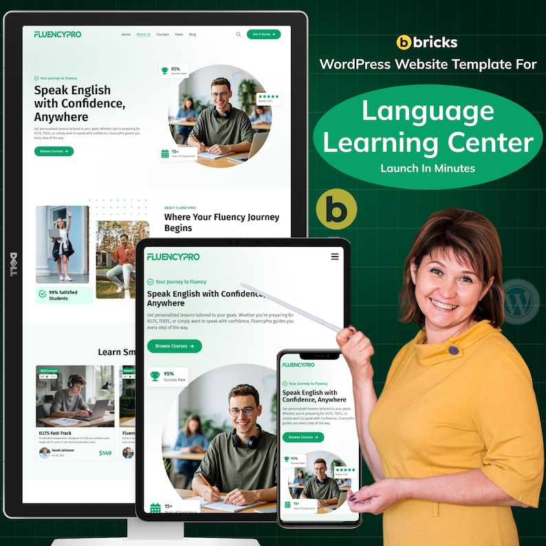 May include: A digital display and tablet showcasing a language learning website template. The website, branded as FLUENCYPRO, promotes English language learning. A woman in a yellow top points to the tablet. The image also includes the text "Language Learning Center".