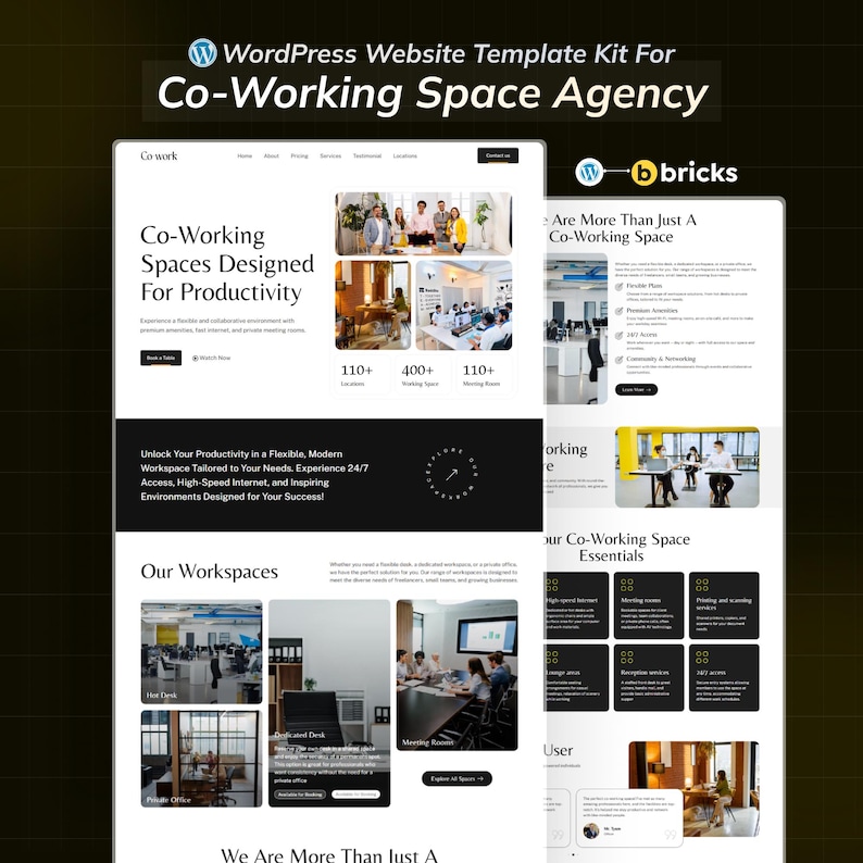Coworking Space WordPress Bricks Builder-bestemmingspagina | Websitesjabloon voor gedeelde kantoor-, werkruimte- en vergaderruimte afbeelding 1