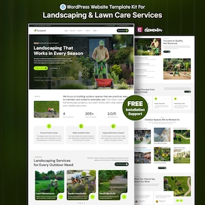 May include: A website template kit for landscaping and lawn care services. The design features a green and white colour scheme with images of landscaping work. Text includes "Landscaping That Works in Every Season" and "Free Installation Support."