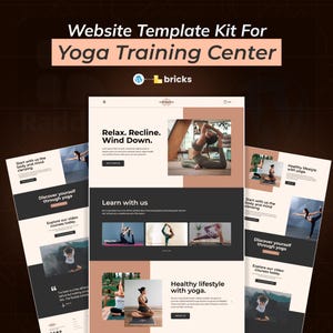 Puede incluir: Kit de plantilla de sitio web para un centro de entrenamiento de yoga. El diseño presenta un diseño limpio con imágenes de posturas de yoga y el texto "Relax. Recline. Wind Down." y "Healthy lifestyle with yoga."