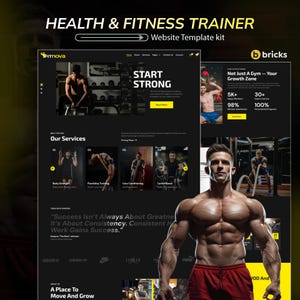 May include: A website template kit for a health and fitness trainer. The design features a dark theme with images of people working out. Text includes "Health & Fitness Trainer", "Start Strong", and "Our Services".