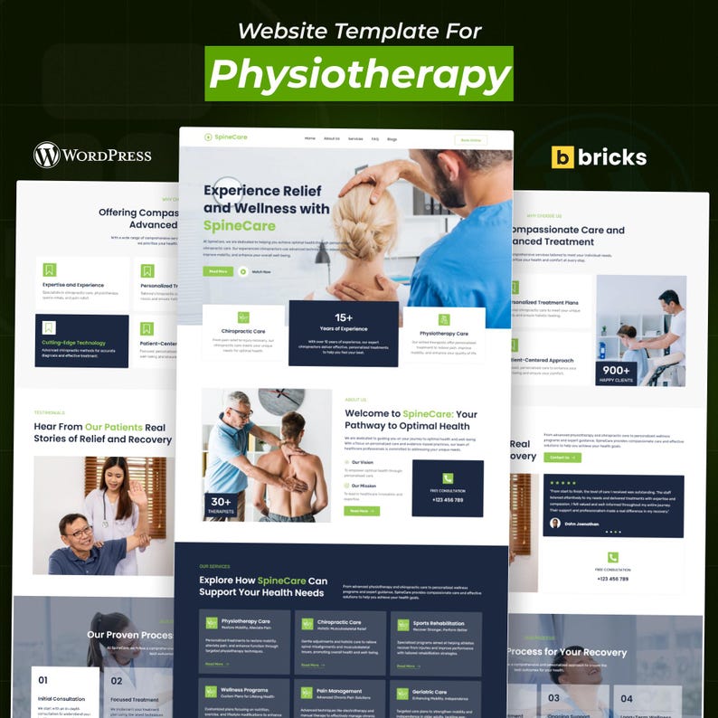 May include: A website template for physiotherapy services. The design features a green and white colour scheme with images of healthcare professionals and patients. Text includes "Experience Relief and Wellness with SpineCare."