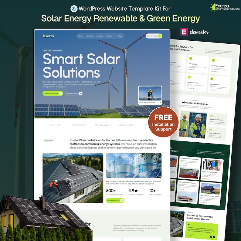 May include: A website template kit for solar energy and renewable energy. The design features a blue and white color scheme with images of solar panels and wind turbines. Text includes "Smart Solar Solutions" and "Free Installation Support."