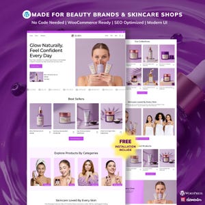 Puede incluir: Diseño web para marcas de belleza y tiendas de cuidado de la piel. El sitio presenta una interfaz de usuario moderna con exhibiciones de productos, incluyendo sueros, limpiadores y mascarillas. El texto dice "Glow Naturally. Feel Confident Every Day." y "Free Installation Include."