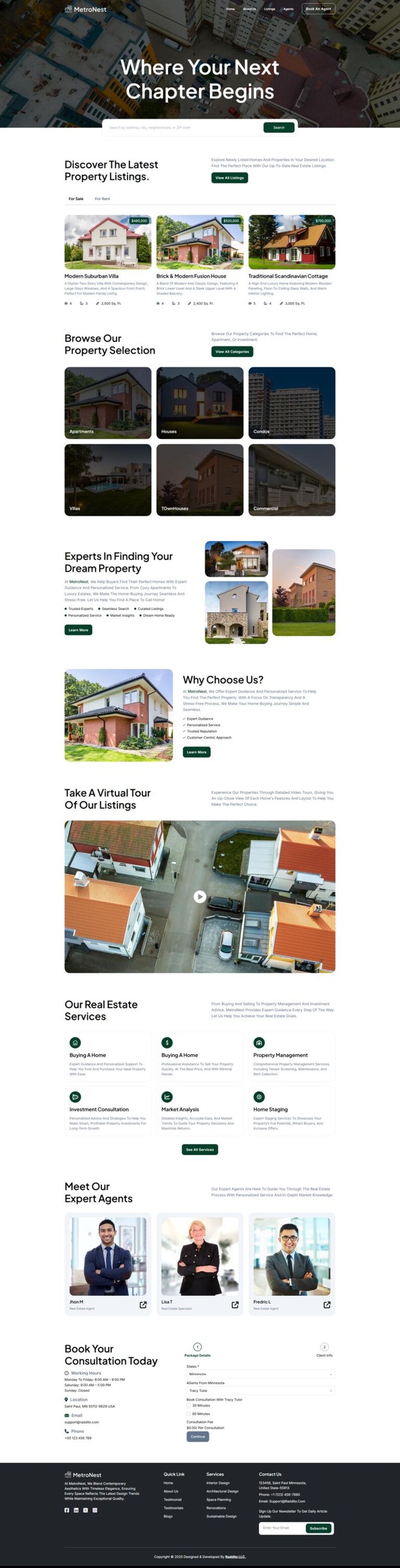 K&ouml;nnte beinhalten: Startseite der MetroNest-Immobilien-Website. Sie zeigt Immobilienangebote, darunter Villen und Stadth&auml;user. Die Seite bietet auch Immobiliendienstleistungen, Experten und eine virtuelle Tour. Das Design ist modern und benutzerfreundlich.