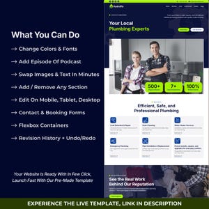 May include: A website design for plumbing services, with a dark blue and green colour scheme. The site includes sections on services, customer testimonials, and contact information. Text includes "Your Local Plumbing Experts" and "Efficient, Safe, and Professional Plumbing."